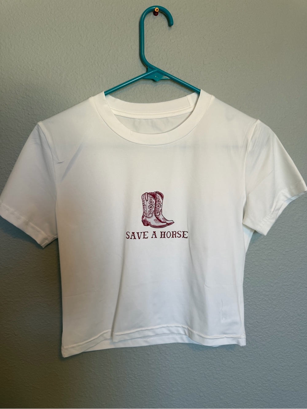 Amazon White Crop Tee with Maroon “Save a Horse” Cowgirl Boot Graphic